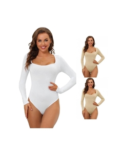 3 упаковки женских боди с длинными рукавами, корректирующее белье, облегающий эластичный трико с квадратным вырезом, комбинезон, топы, цвет Khaki White Allegra k