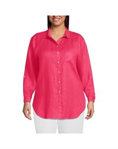 Льняная туника свободного кроя с закатанными рукавами больших размеров, цвет Rouge Pink Lands' end