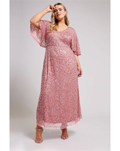 Роскошное макси платье с V образным вырезом и рукавами ангелами, розовый Yours curve