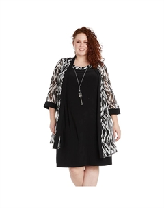 Размера плюс Сетчатая куртка с пышным принтом и свободное платье из джерси со съемным ожерельем из 3 предметов, цвет Black White R&m richards