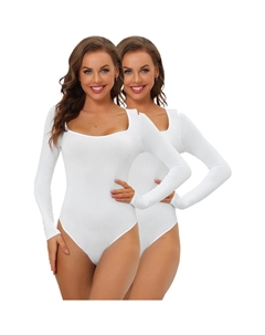2 упаковки женского боди с длинными рукавами, корректирующее белье, облегающий эластичный трико с квадратным вырезом, комбинезон, топы, белый Allegra k