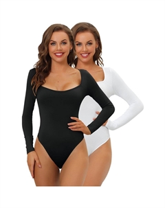 2 упаковки женского боди с длинными рукавами, корректирующее белье, облегающий эластичный трико с квадратным вырезом, комбинезон, топы, цвет White Black Allegra k