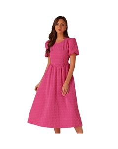 Летние платья с пышными рукавами для женщин с круглым вырезом, однотонное текстурированное платье с расклешенным кроем, цвет Hot Pink Allegra k