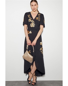 Платье халат миди с пайетками и цветочным принтом Sarah, черный Monsoon