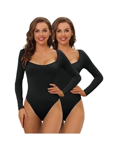 2 упаковки женского боди с длинными рукавами, корректирующее белье, облегающий эластичный трико с квадратным вырезом, комбинезон, топы, черный Allegra k