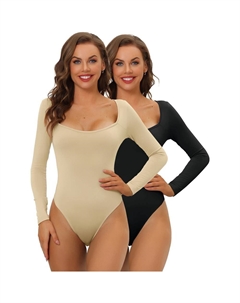 2 упаковки женского боди с длинными рукавами, корректирующее белье, облегающий эластичный трико с квадратным вырезом, комбинезон, топы, цвет Khaki Black Allegra k