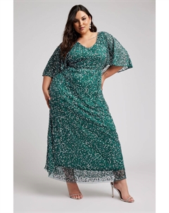 Роскошное макси платье с V образным вырезом и рукавами ангелами, зеленый Yours curve