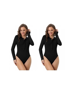 2 упаковки женских боди на пуговицах с круглым вырезом и длинными рукавами, облегающий комбинезон, эластичный комбинезон, черный Allegra k