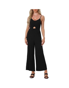 Летний комбинезон для женщин, повседневный комбинезон на тонких бретельках с вырезами и широкими штанинами, черный Allegra k