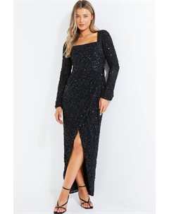 Платье макси с длинными рукавами и запахом, расшитое пайетками, черный Quiz