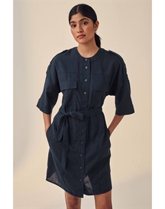 Мини платье с поясом завязкой и льном, синий Next