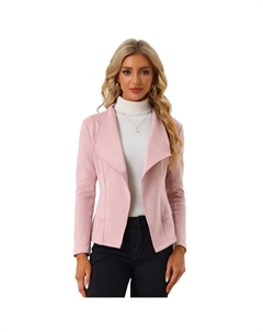 Женский кардиган из искусственной замши с драпированным воротником, длинными рукавами и открытой передней частью, розовый Allegra k