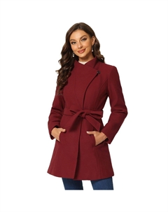 Женский зимний классический длинный плащ с воротником-стойкой и завязкой на талии, цвет Dark Red Allegra k