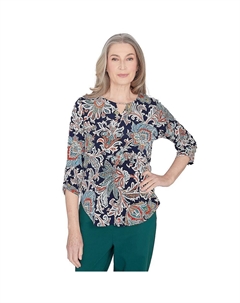 Petite Топ со сборками и рукавами три четверти, цвет Multi Blue Alfred dunner