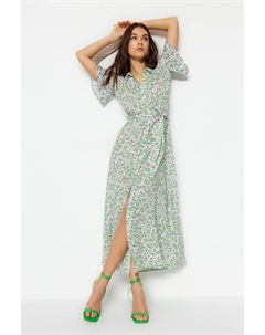 Пурпурное платье-рубашка макси из вискозной ткани с поясом и цветочным принтом, фиолетовый Trendyol