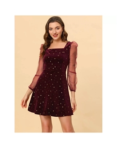 Женское сетчатое бархатное платье для выпускного со звездами и квадратным вырезом с прозрачными рукавами, черный Allegra k