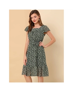 Женское платье с цветочным принтом и развевающимися рукавами, квадратным вырезом и оборками по подолу, розовый Allegra k