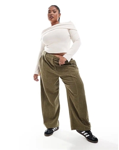 Брюки Curve Cord с отделкой швами и хлястиками цвета хаки Asos design