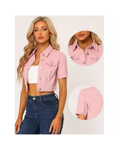 Женская повседневная укороченная джинсовая куртка с короткими рукавами и пуговицами, розовый Allegra k