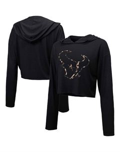 Женский укороченный пуловер с капюшоном Threads черного цвета Houston Texans с леопардовым принтом Majestic