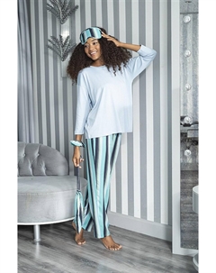 Синий пижамный комплект из 2 предметов в полоску из вискозы с длинными рукавами For you moda