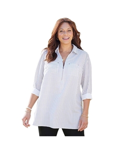 Женская туника размера плюс Breezeway с молнией до половины длины, цвет White Pinstripe Catherine's