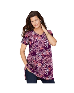 Женская туника больших размеров Ultimate с короткими рукавами и v-образным вырезом, цвет Dark Berry Butterfly Roaman's