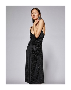 Вечернее платье длины миди с бретелями из блестящего бархата со сборками, черный Koton