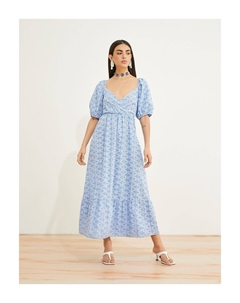 Платье-миди с цветочным принтом, хлопковое платье с вырезом в форме сердца, синий Koton