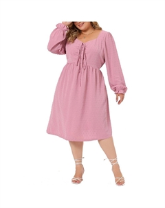 Женское платье больших размеров с длинным рукавом и сердечным вырезом, галстук-бабочка, качели, рюшами, Babydoll, швейцарское платье миди в горошек в стиле бохо, розовый Agnes orinda