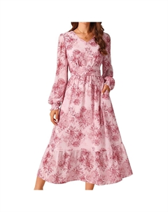 Женские платья с длинным рукавом и цветочным принтом, V-образный вырез, бохо, многоуровневое струящееся шифоновое платье-миди с рюшами и карманом, розовый Seta t