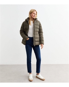 Пуховик цвета хаки с капюшоном, хаки New look