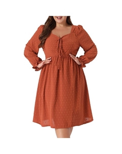 Женское платье больших размеров с длинным рукавом и сердечным вырезом, галстук-бабочка, качели, рюшами, Babydoll, швейцарское платье миди в горошек в стиле бохо, цвет Caramel Agnes orinda