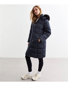 Пуховик с капюшоном и отделкой из искусственного меха, военно-морской New look