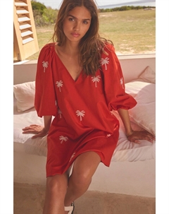 100% хлопок с рукавами и вышивкой мини платье, красный Next