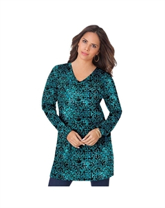 Женская туника больших размеров Ultimate с длинными рукавами и v-образным вырезом, цвет Teal Tile Print Roaman's