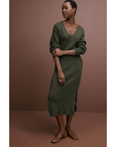 Платье джемпер миди с длинными рукавами и V образным вырезом в рубчик, зеленый Next