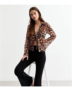 Коричневая шифоновая рубашка с завязкой спереди с леопардовым принтом, коричневый New look