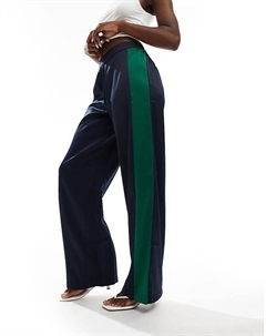 Темно-синие широкие брюки с полосками по бокам и зеленой отделкой - NAVY Y.a.s