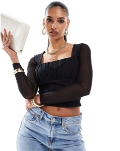 Черный топ с квадратным вырезом и сетчатыми рукавами DESIGN Asos