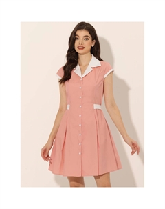 Женское рабочее платье-рубашка трапециевидного силуэта с контрастным воротником и пуговицами спереди, с поясом, розовый Allegra k