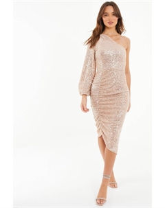 Платье миди на одно плечо с пайетками и сборками, серебряный Quiz