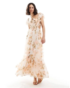 Платье мидиакси с вырезом на корсете и рукавами-крылышками в персиковом цветочном стиле Asos design