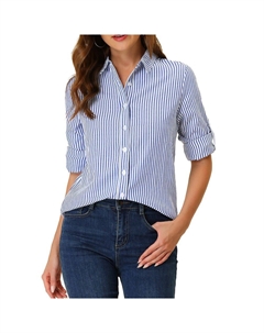 Женские рубашки на пуговицах с отложным воротником и длинными рукавами, синий Allegra k