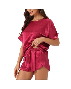 Женский атласный пижамный комплект, весна-лето 2024, пуловер с короткими рукавами, футболка с шортами, одежда для сна, цвет Burgundy Cheibear