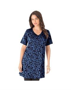 Женская туника больших размеров Ultimate с короткими рукавами и v-образным вырезом, цвет Blue Graphic Blossom Roaman's