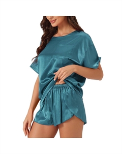 Женский атласный пижамный комплект, весна-лето 2024, пуловер с короткими рукавами, футболка с шортами, одежда для сна, цвет Lack Blue Cheibear