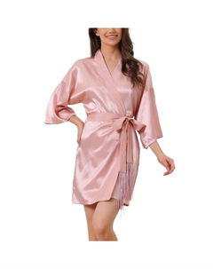 Женские пижамные шелковые атласные халаты с рукавами 3/4 с завязкой на талии и цветочным принтом, цвет Light Pink Cheibear