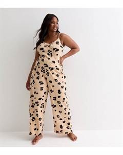 Светло-коричневый хлопковый пижамный комплект на бретельках Curves с леопардовым принтом, коричневый New look