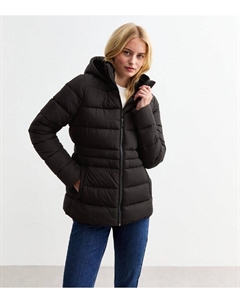 Высокая черная куртка-пуховик с капюшоном, черный New look